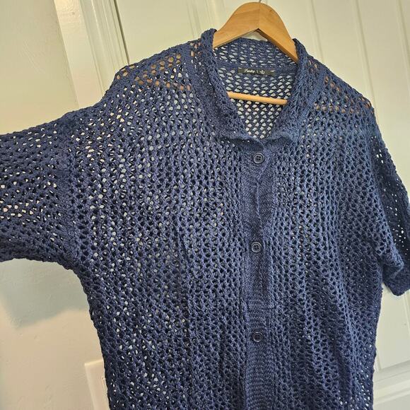 Crochet Knitted Blouse Womens XL Blue Button Top Short Sleeve Sheer Boho Indie - Picture 3 of 9